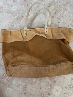 Mud pie Neutral Brown Jute Tote Bag with Cream Handles